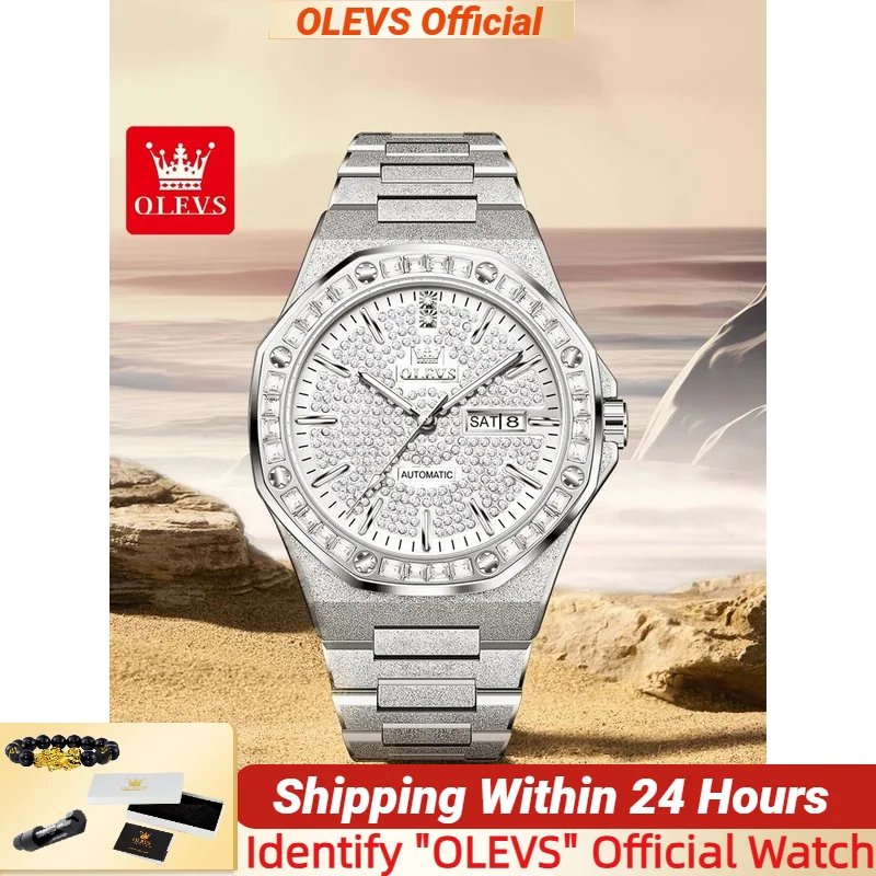 

OLEVS 9803 Full Diamond Men's Watch Business Dual Calendar Display Stainless Steel Waterproof Automatic Mechanical Watches
