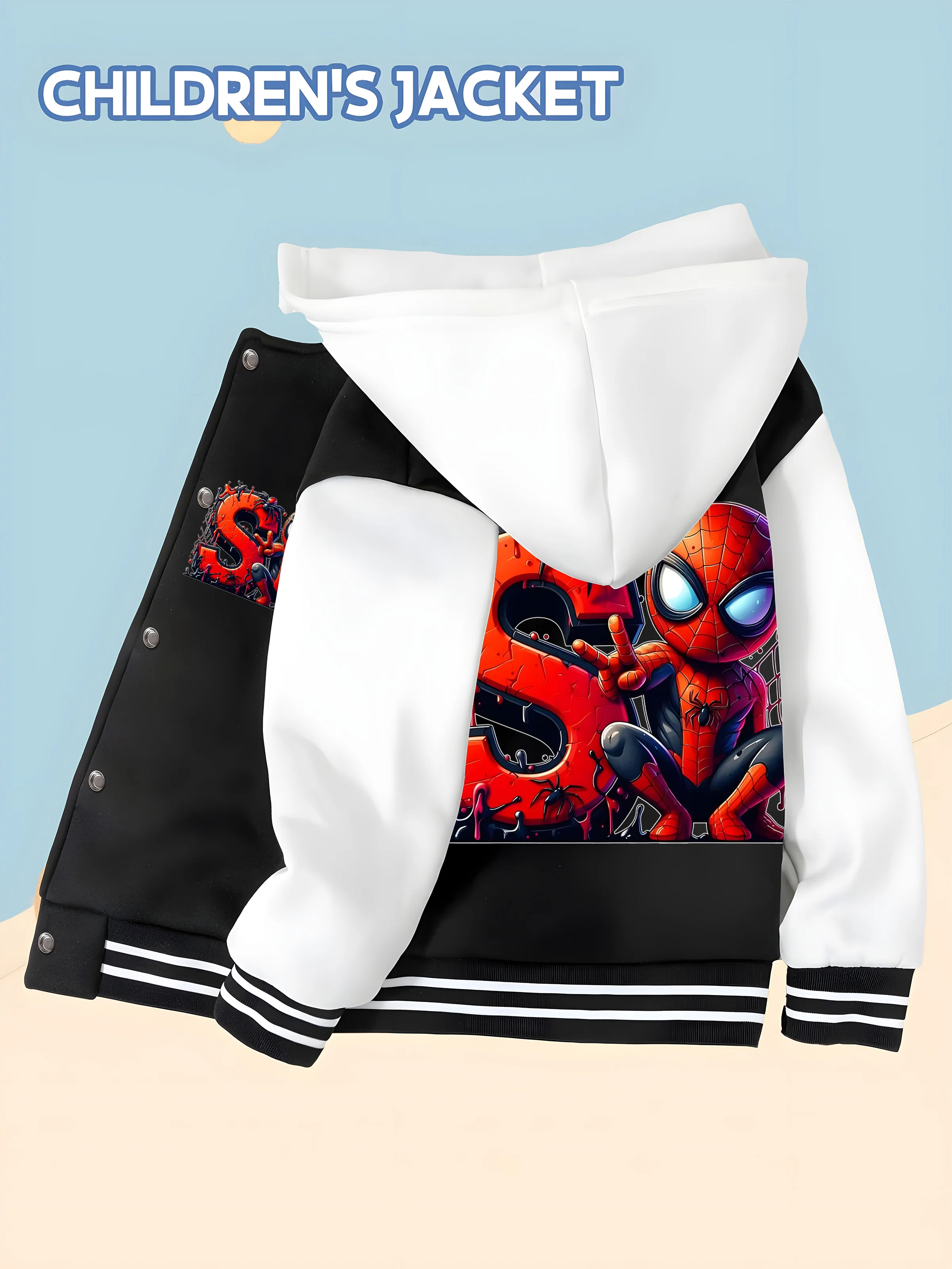 

MINISO Hero co-branded children's baseball jacket with cute Spider-Man pattern, black and white contrast, trendy design, soft an