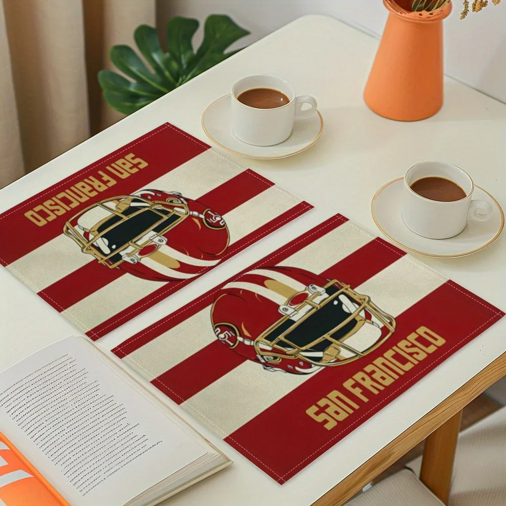 4 قطع من مفارش سان فرانسيسكو 49ers - تصميم مخطط لفريق NFL مع أواني ذهبية وتناول الطعام ومشجعي كرة القدم وديكور الحفلات