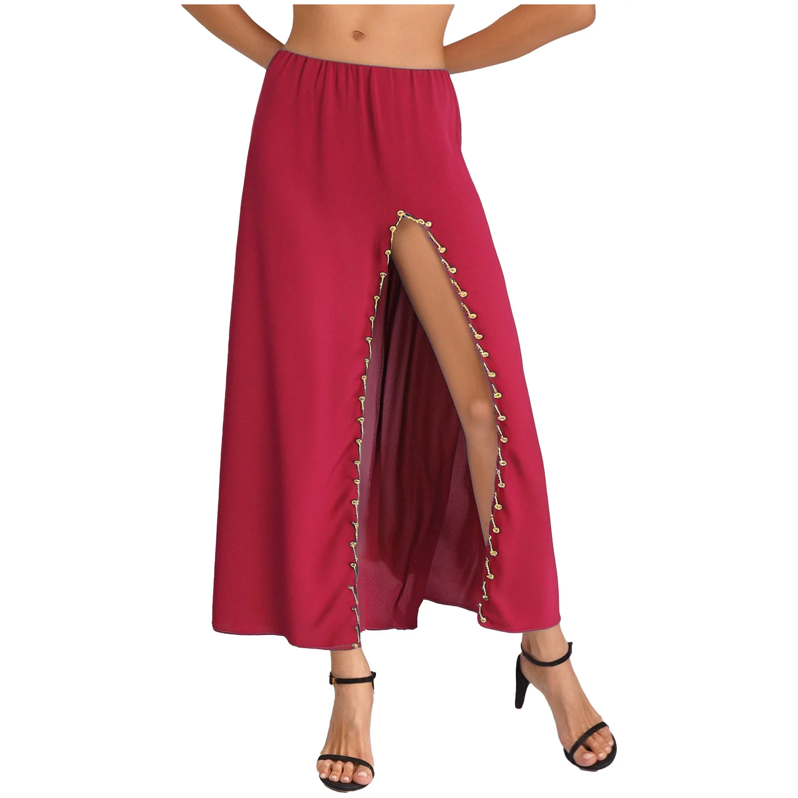 

Women's Lyrical Belly India Ethnic Dance Long Skirt High Waist Side Split Plastic Beads Trim Belly Stage Performance Costumes