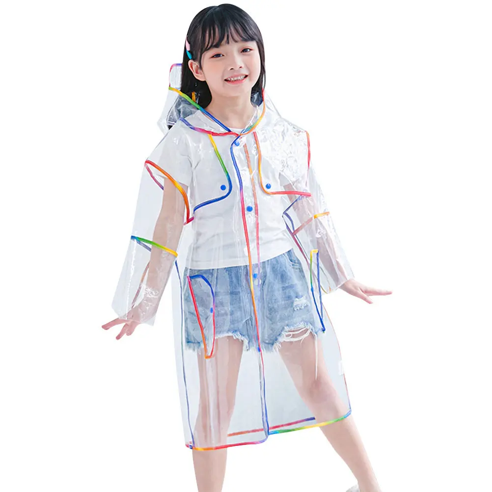 Clear Eva Kids Raincoat Hooded Reusable Rain Poncho Lightweight Compact Foldable for Theme Parks Water Rides Camping Hiking