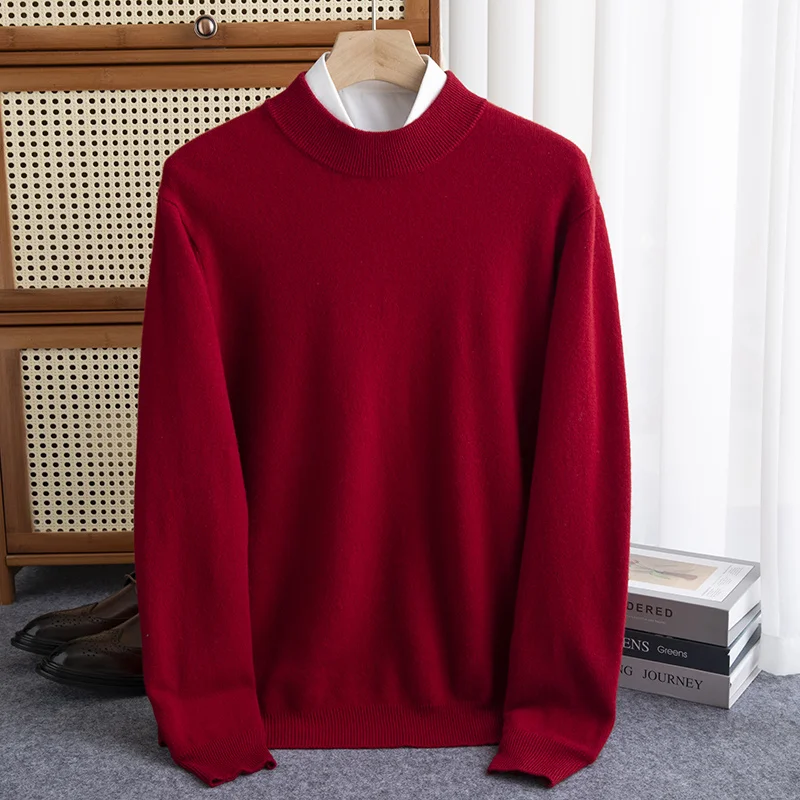 New Fashion Men\'s 100% Wool Pullover Half-high Collar Sweater Autumn Winter Warm Solid Color Knit Sweater Business Casual Top