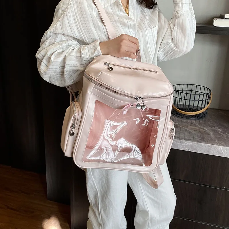 

Women's Large Pu Leather Backpacks 2025 Y2K Fashion Small Vintage Backpack Lady Travel Retro Transparent Back Packs ﻿