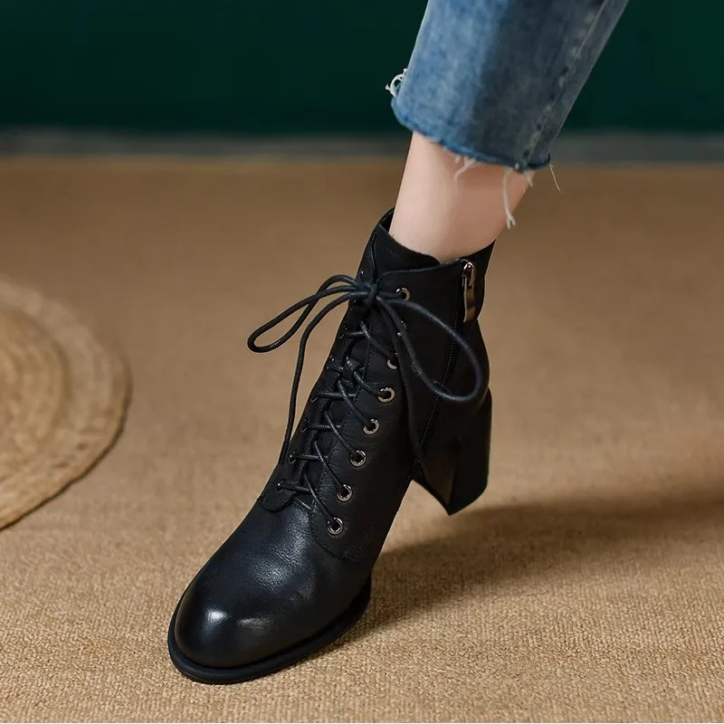 Women Ankle Boots Elegant Winter Shoes Genuine Leather Thick High Heels Spring Autumn Shoes Round Toe Women Short Boots