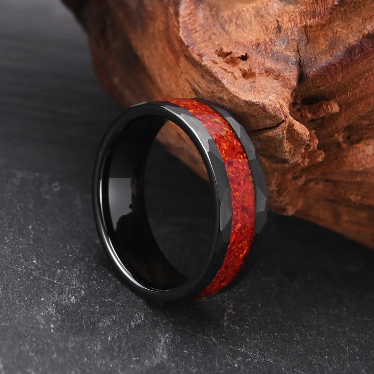 

8mm/6mm Hammered inlaid Red Opal Men/Women Black Tungsten wedding Band, Promise Ring, Red Opal Black Wedding Band, Perfect gift