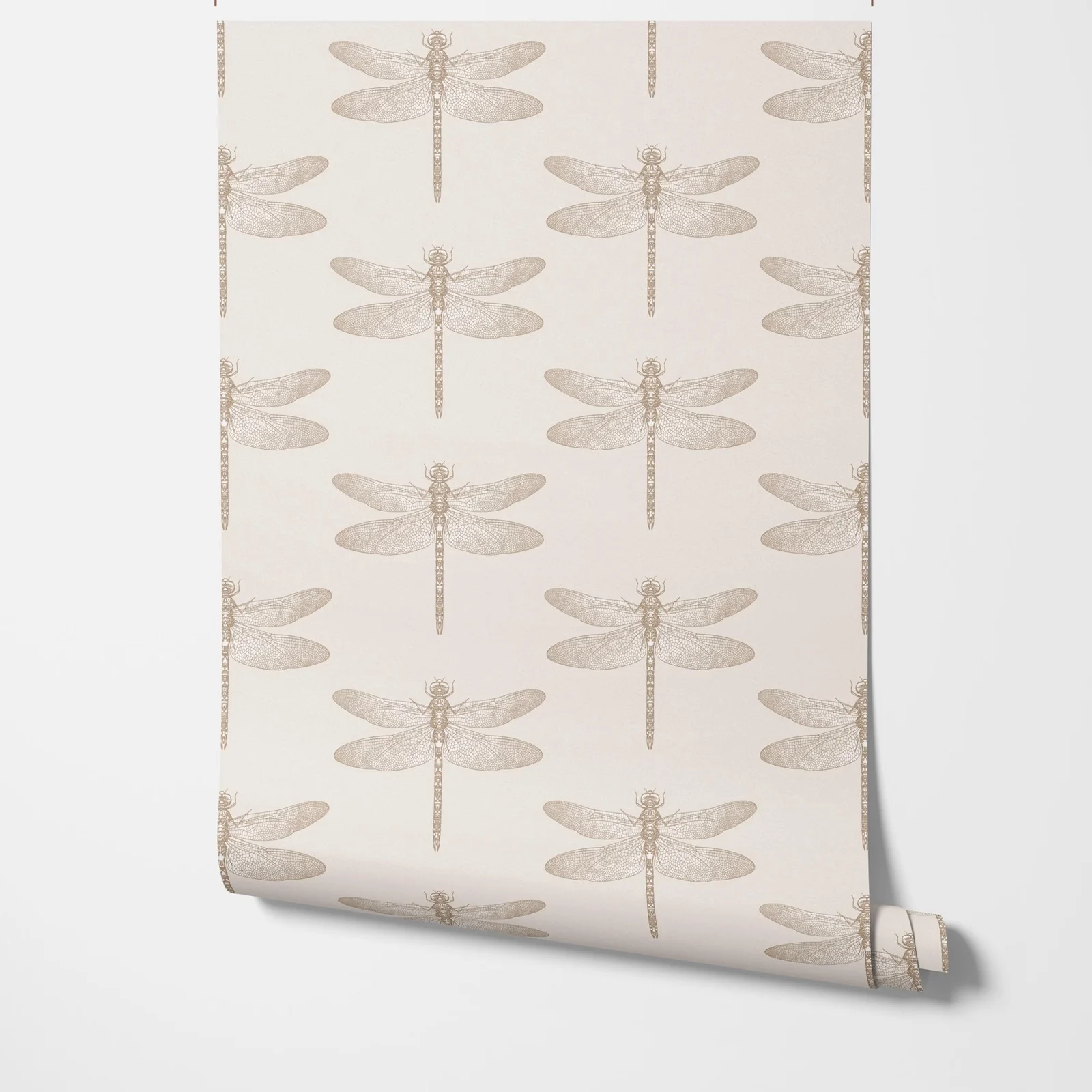 Dragonfly Peel and Stick Removable Wallpaper In Beige, Botanical Neutral Beige Self Ad-hesive Wallpaper,Or Traditional Unpasted