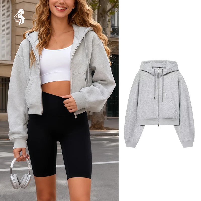 

Fashionable Women Puff Sleeve Soft Jacket With Hood Zipper Pockets Long Sleeves Short Casual Jacket For Everyday Wear Trafizaran