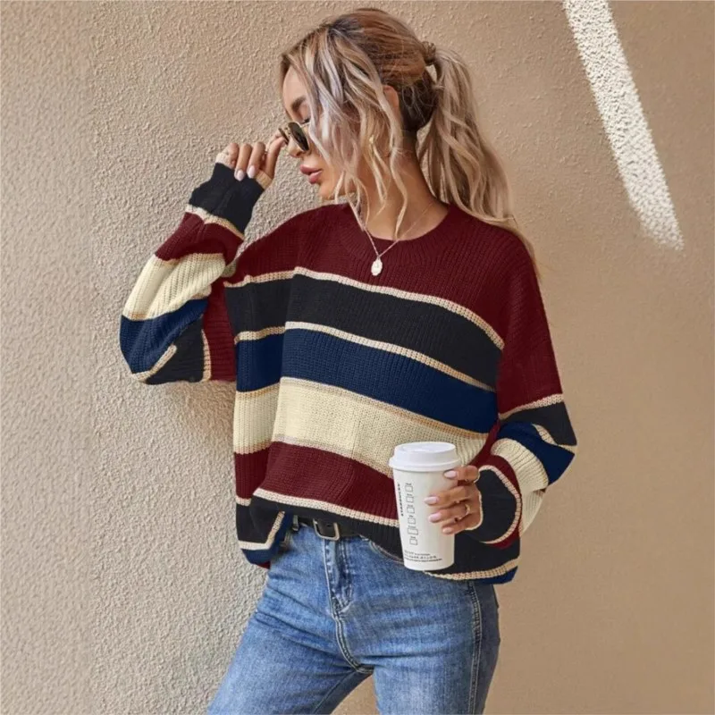 خمر Harajuku سترة فضفاضة المرأة الخريف الشتاء س الرقبة المتضخم بلوفر مغزول عادية ضرب اللون مخطط القمم الشارع الشهير