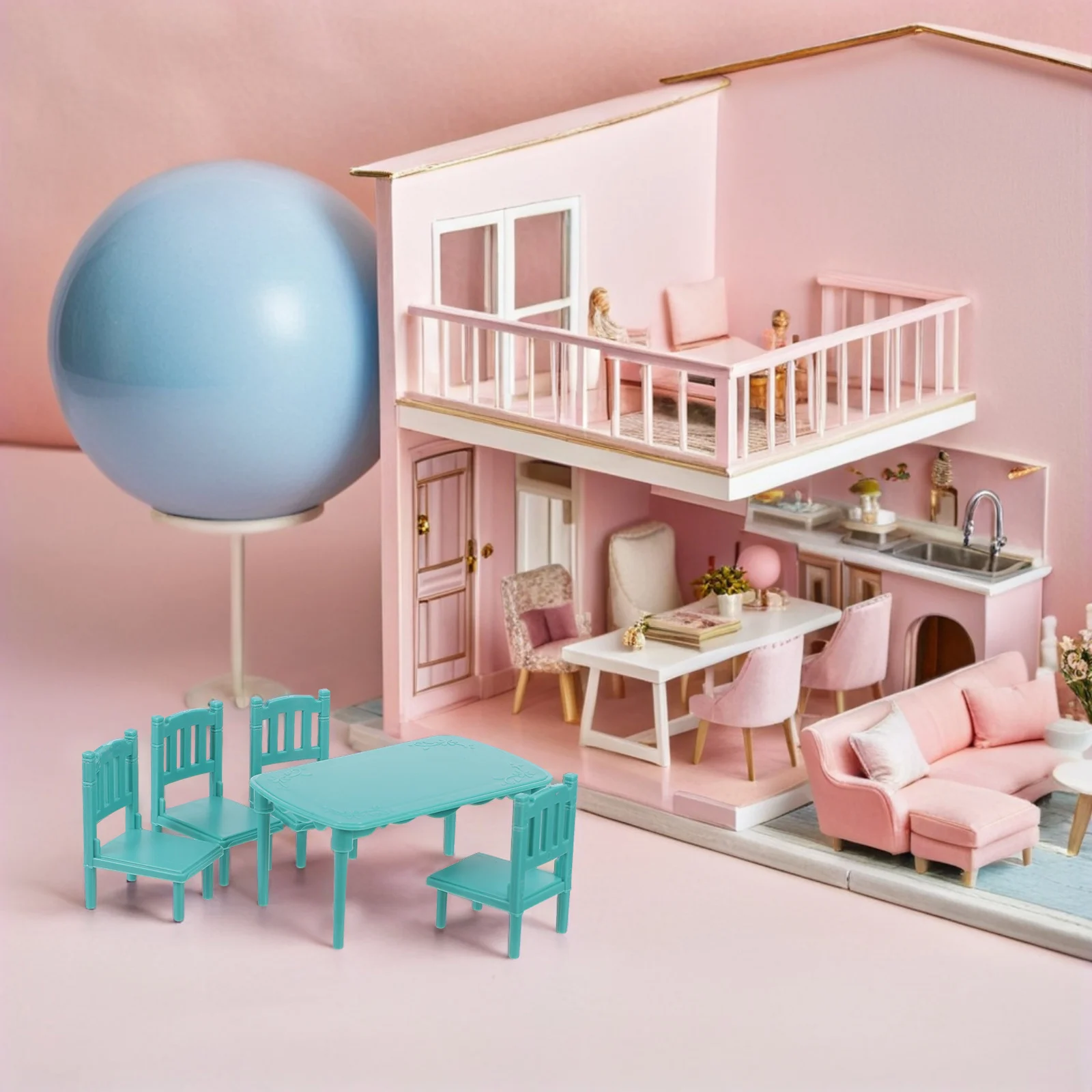 1Set miniatuur eettafel en stoelen voor poppenhuis keukenscène Lichtgewicht plastic mini-meubelset voor spelen en