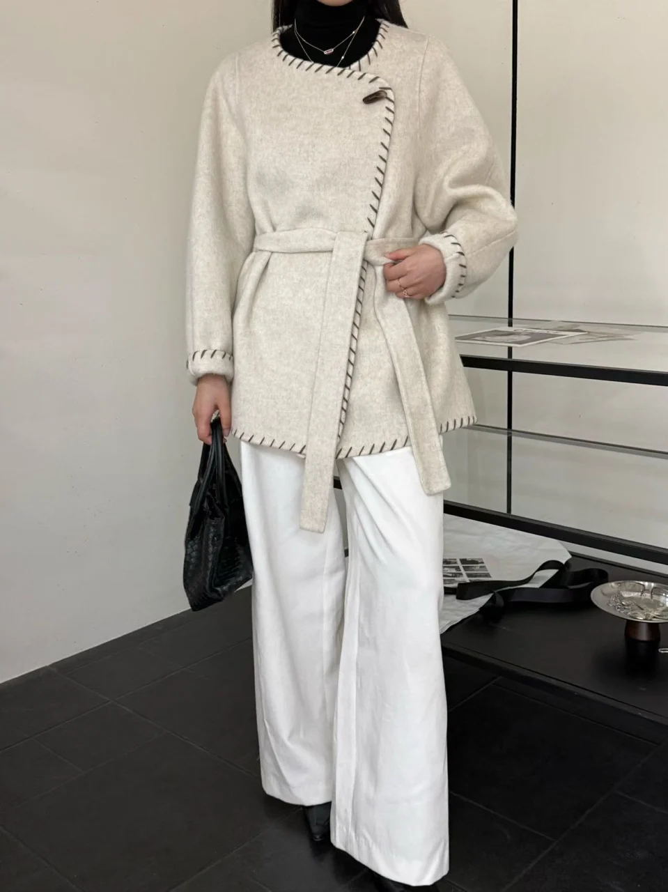 Women Double Faced Wool Coat 2026 Autumn Winter New Hand Stitched Edge Belted Wrap Style Loose Elegant Chic Outerwear