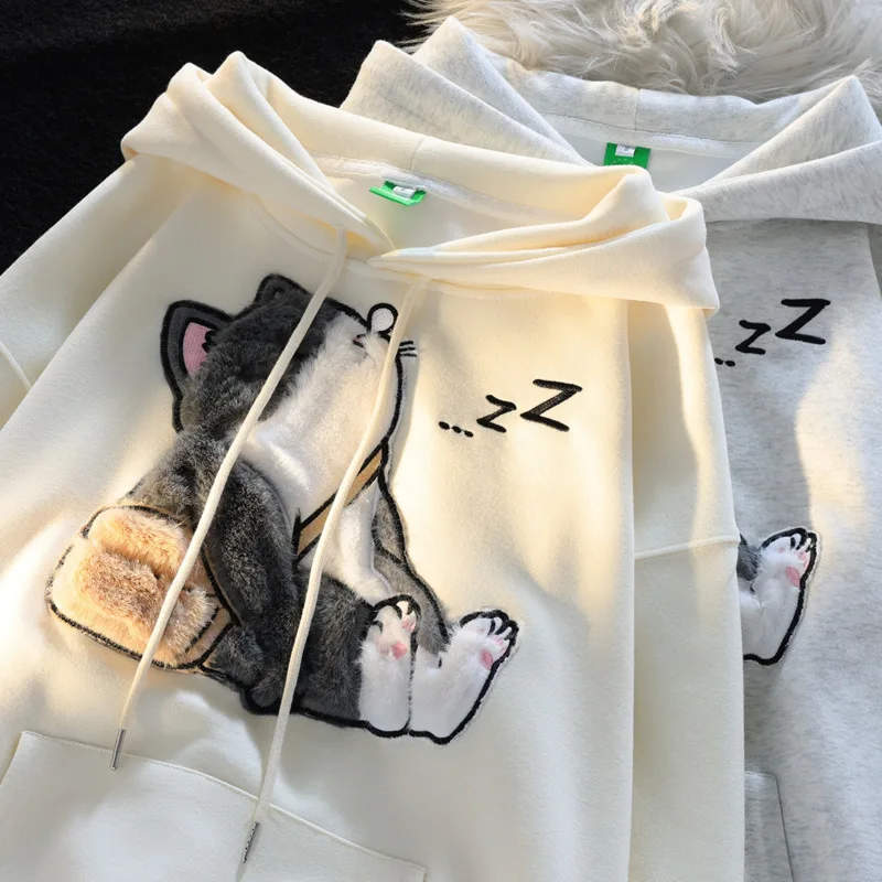 Cat Flocking Cute Loose Hoodie Autumn Woman Casual Sweatshirt Long Sleeve Hooded Streetwear Harajuku Kawaii Fashion Hoodies