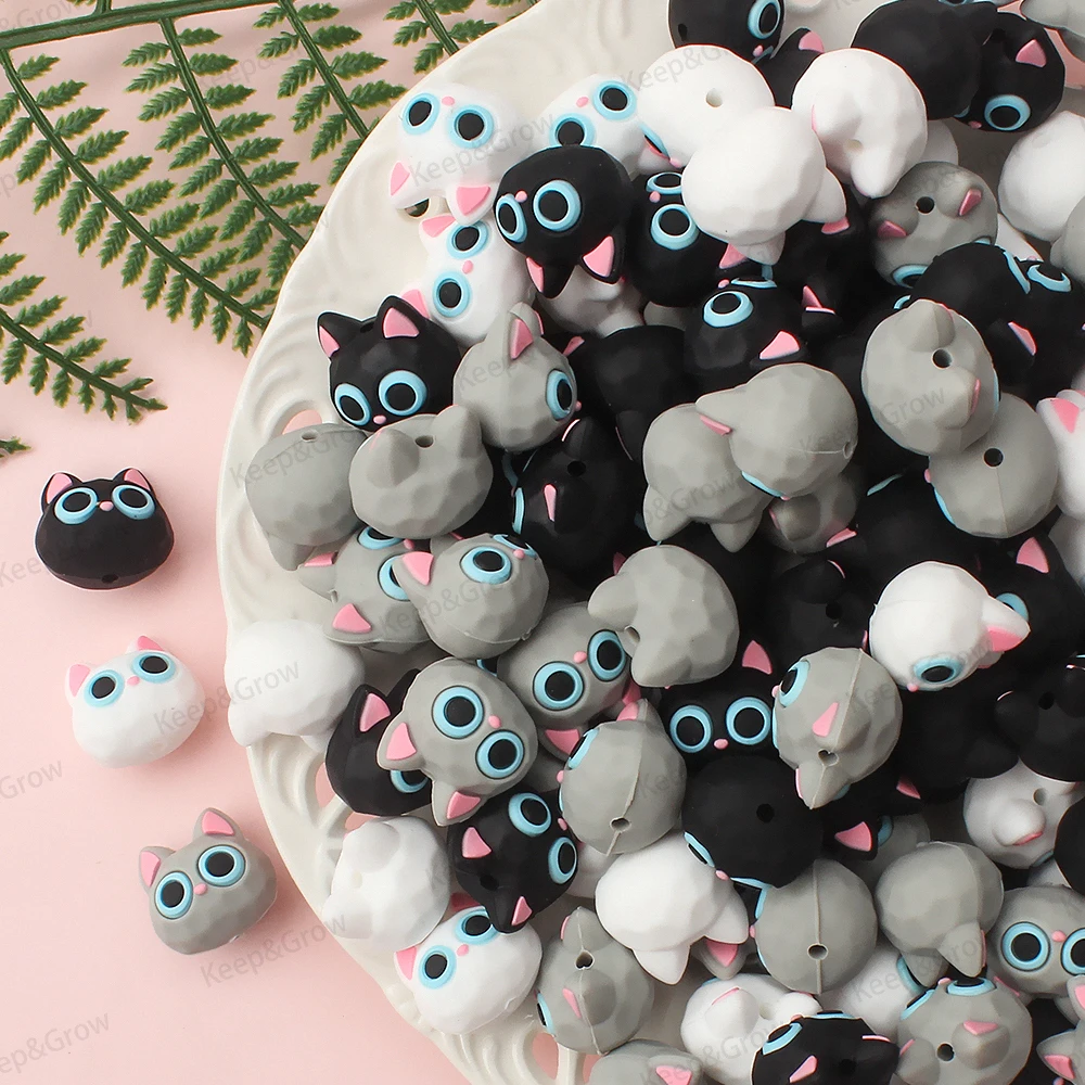 5/20/50Pcs 3D Cute Kitten Face Silicone Beads White Gray Black Cat Shape Focal Beads for Jewelry Making Keychain DIY Pens Beaded