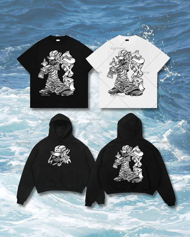 

Street Hip-hop Cartoon Pattern Casual Loose T-shirt Men American Retro Fashionable Versatile Super Large Cotton Top Women