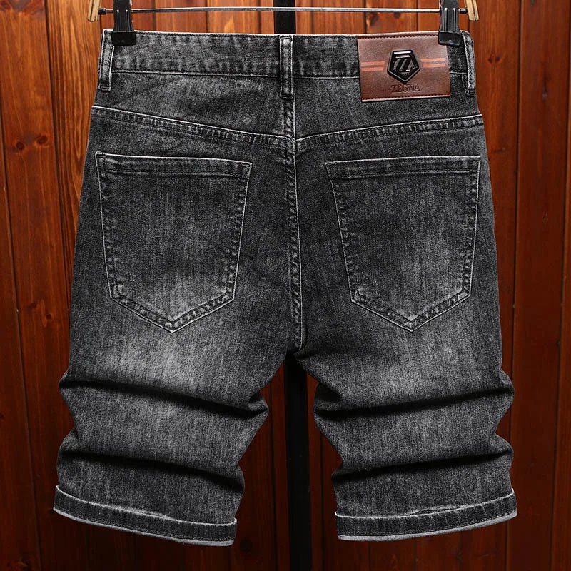 High end embroidered printed denim shorts for men, light luxury, fashionable, slim fit, summer trend, five quarter pants