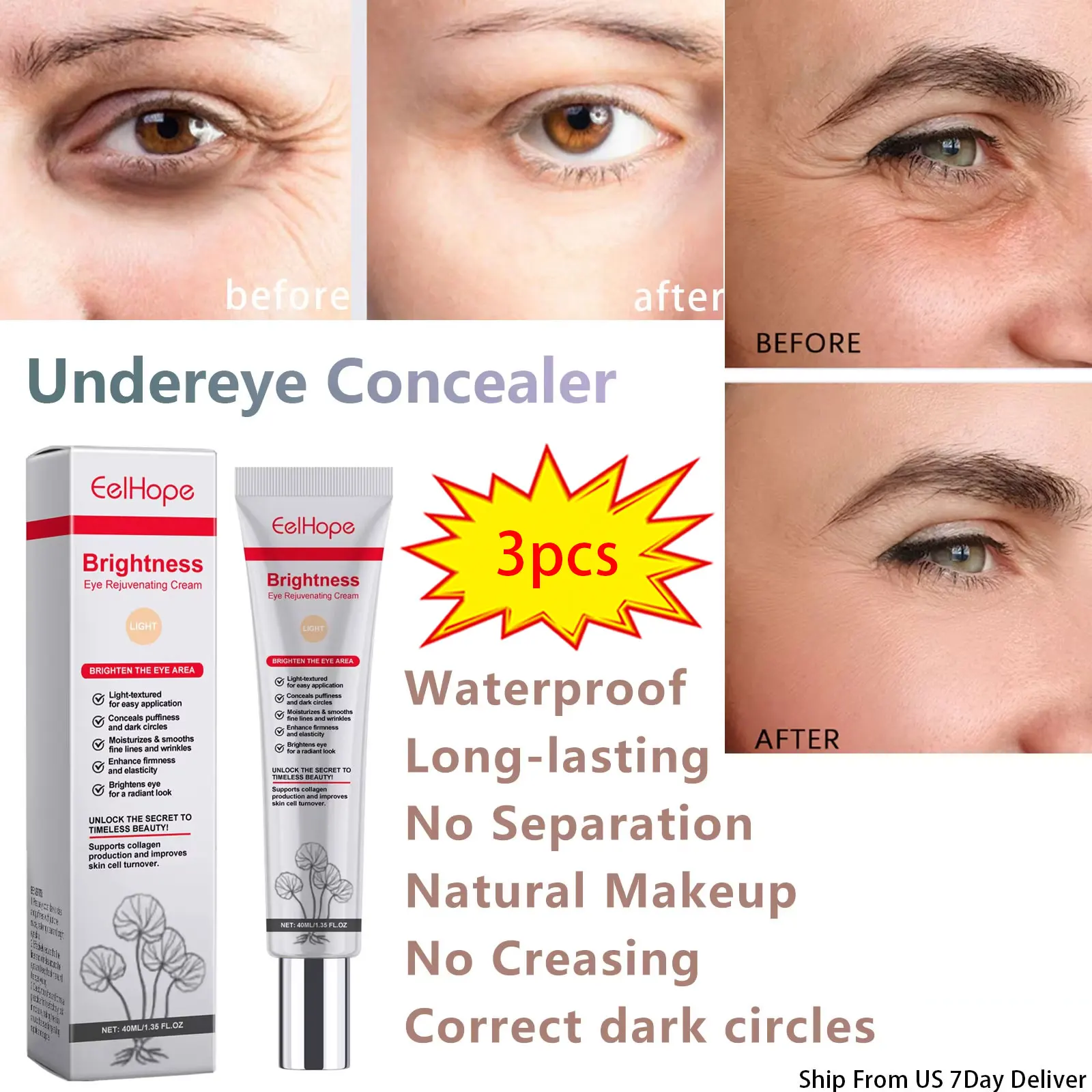 3pcs Centella Eye Rejuvenating Cream Correcting Dark Circle Waterproof Anti-sweat No Separation No Creasing Concealer Makeup