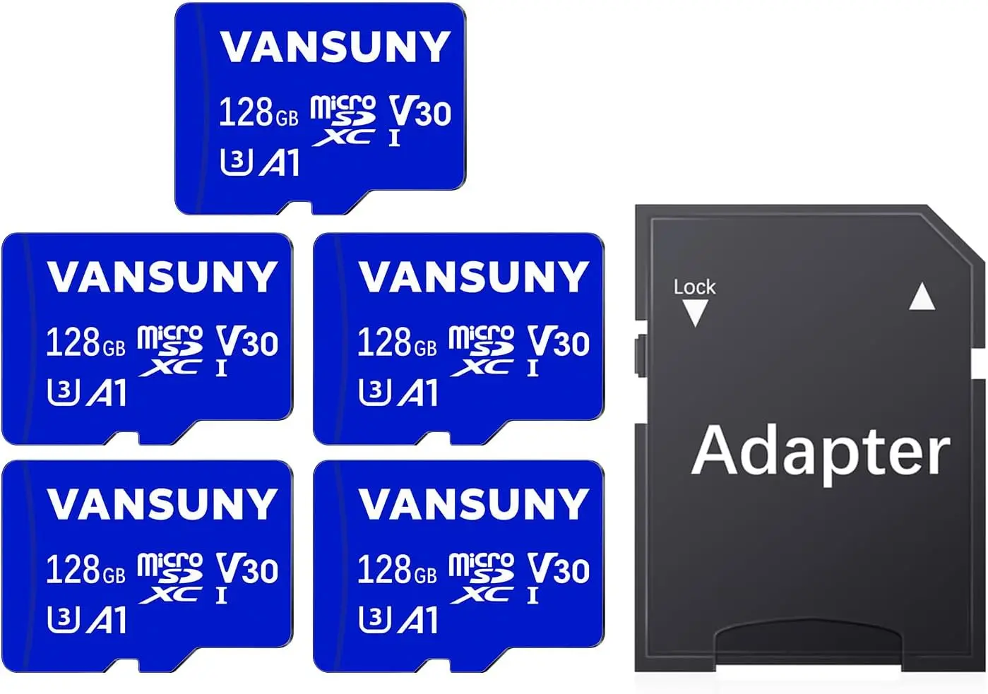 

128GB Micro SD Card 5-Pack with Adapter, A1 V30 U3 for Phone, Camera, Dash Cam - Fast 4K Video