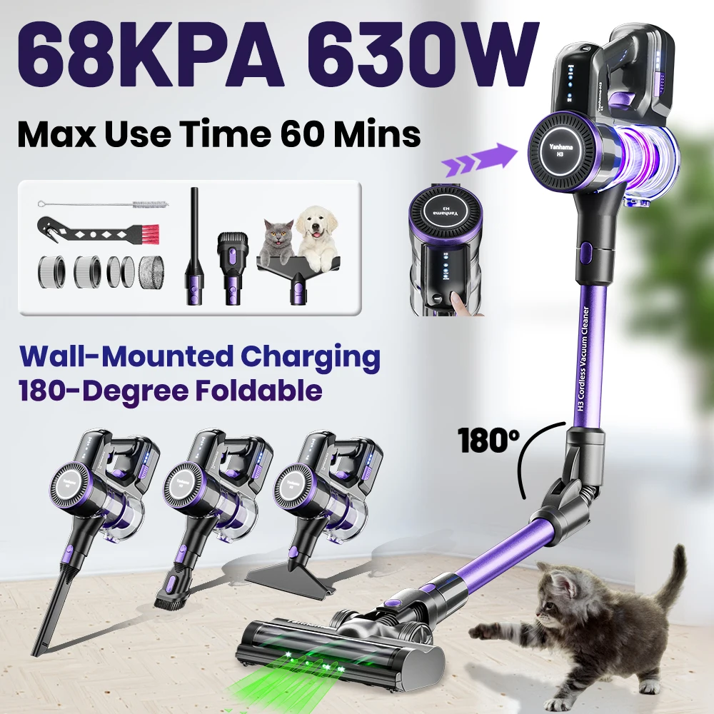 Yanhama 68000Pa/630W draadloze stofzuiger voor thuis - krachtige oplaadbare steelstofzuiger met 60min looptijd, 1,6L stofbeker