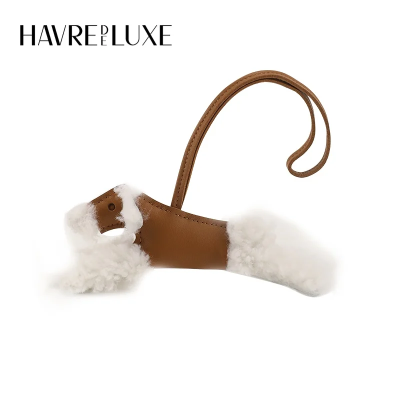 HAVREDELUXE Full hand-stitched sheepskin HHome Food basket bag Pegasus Budy Plush dog pendant genuine leather furry dog pendant