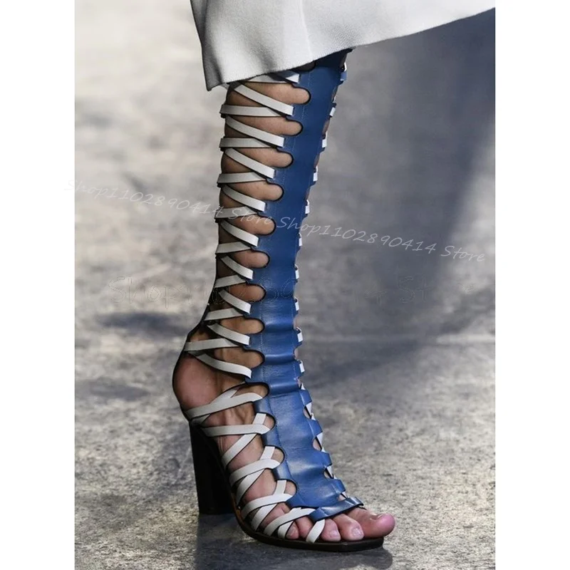 

Blue White Hollow Design Open Toe Sandals Boots Back Zipper Women Shoes Chunky High Heels Fashion Party 2024 Zapatos Para Mujere