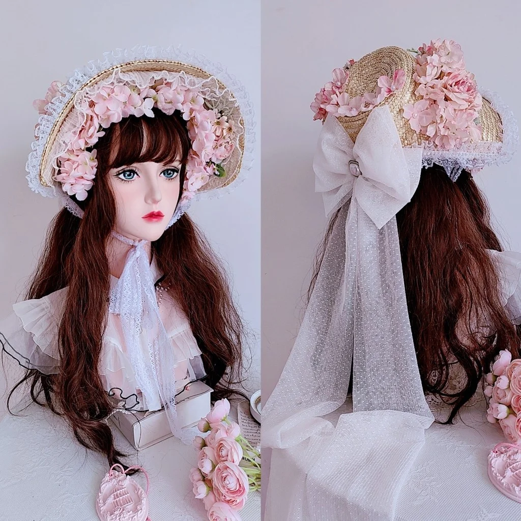 

Handmade French Pastoral Style Straw Lolita Headdress European Retro Flower Light Pink Hat