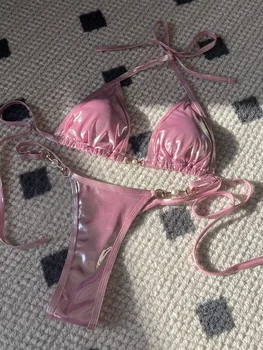 Shiny Pink Micro Bikini 2026 Mujer Women Sexy PU Pearls Push Up Thong Swimsuit Summer Bathing Suit Bandage Holiday Swimwear
