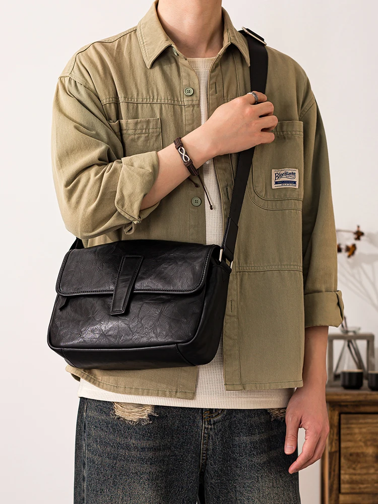 Outdoor casual luxury genuine leather men's black shoulder bag daily work handmade real cowhide teens tablets crossbody bag