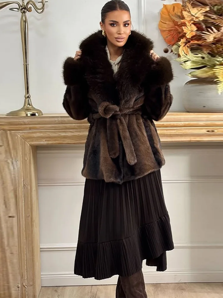 Frauen Chic Schokolade Farbige Faux Pelz Jacke Winter Vintage Lange Ärmeln Dicke Warme Mantel Verstellbare Taille High Street Oberbekleidung