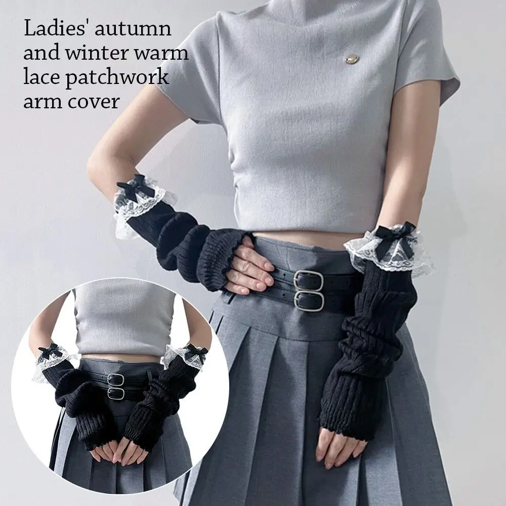 Fingerless ยาวถุงมือปลอมแขนสีดําสีขาวข้อศอก Mittens แขนแขนอุ่นถักถุงมือสําหรับสตรี