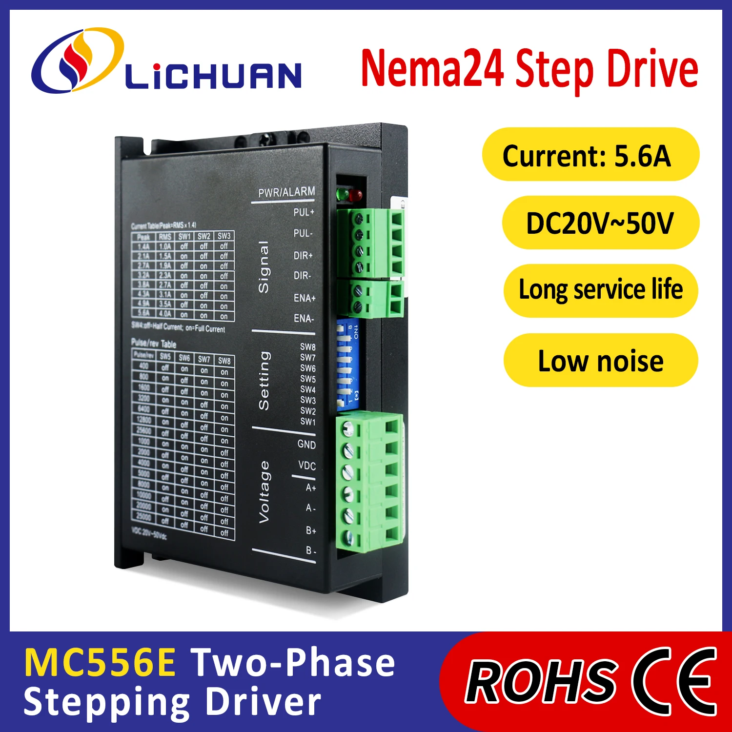 Lichuan 2 Phase Nema24 DC Stepper Driver DC20V～50V 5.6A 200～25600ppr DC Open Loop Stepper Motors Drivers for Textile Machine