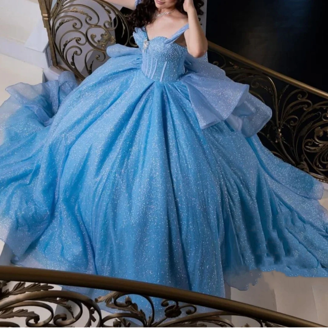 Customized Sky Blue Quinceanera Ballgown Dresses Off Shoulder Crystal Sweep Train Women Prom Birthday Party Occasion Dress 15 16