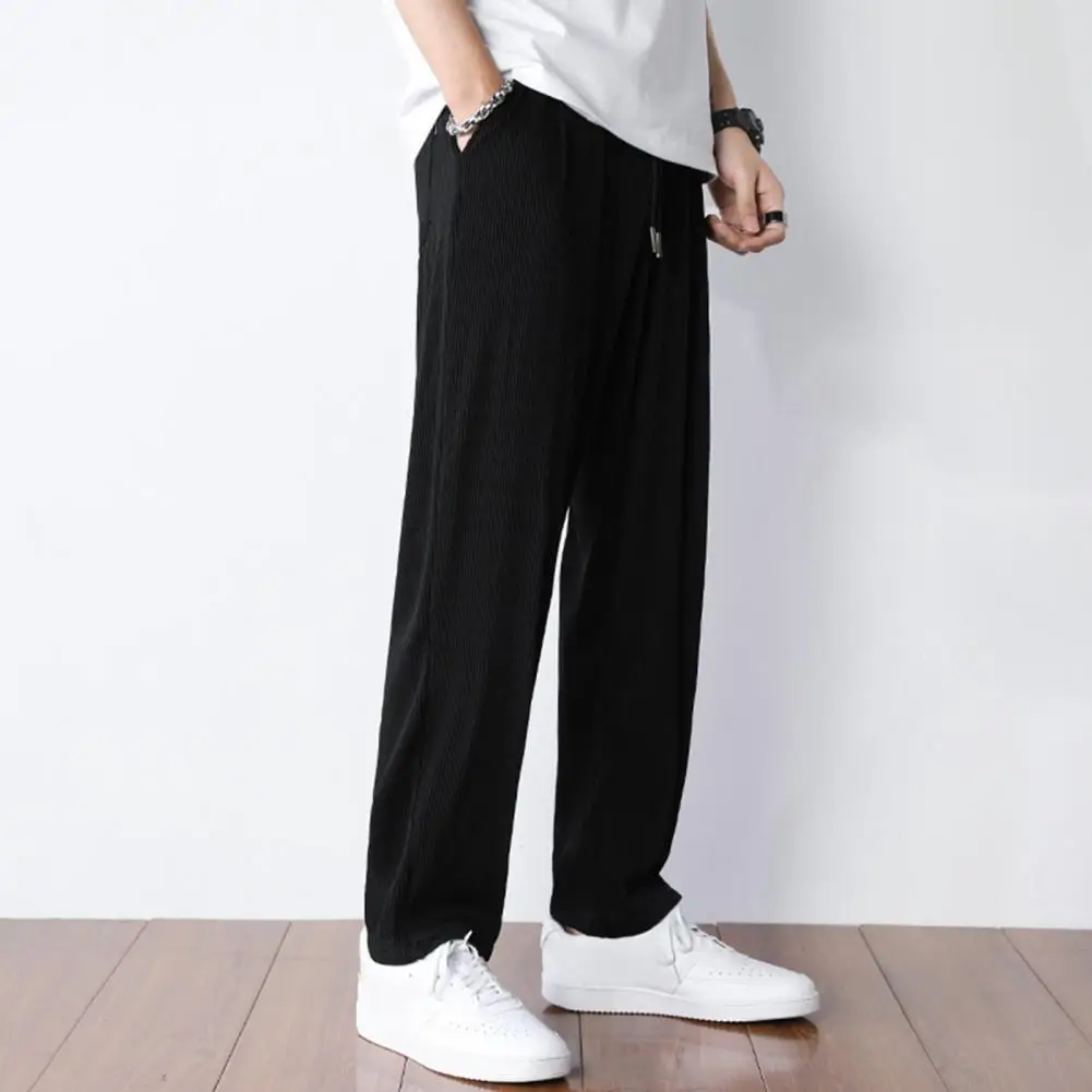 

Men Trousers Men Sweatpants Japanese Style Men's Wide Leg Ninth Pants with Elastic Waist Side Pockets Solid Color Gym Traning