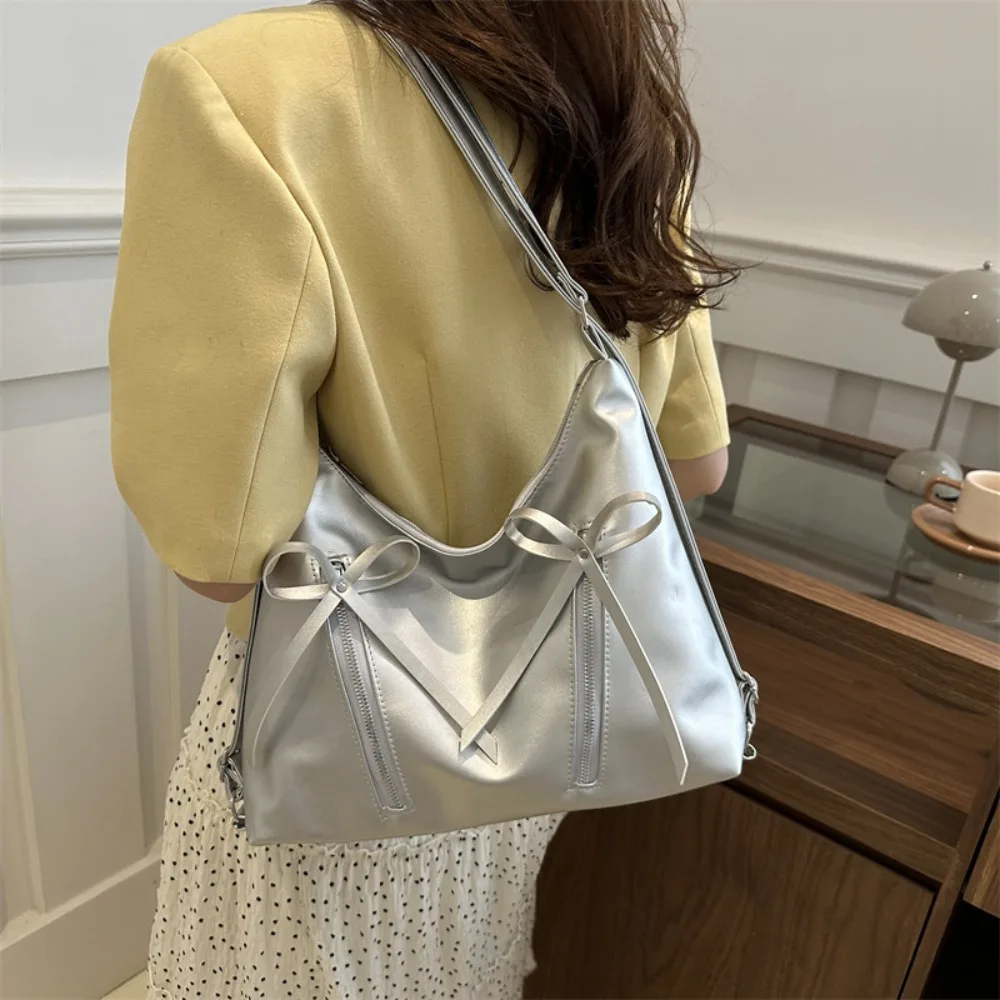 

All-match PU Leather Bowknot Shoulder Bag Zipper Handbag Bow Tote Bag Backpack Large Capacity Bow Crossbody Bag Outdoor