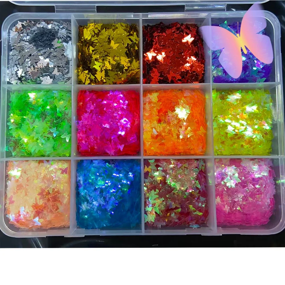 12 Grids 3D Laser Butterfly Holographic Nail Glitter Number/Heart/Maple Leaf Sequins Nail Art Flakes Paillette Decorations