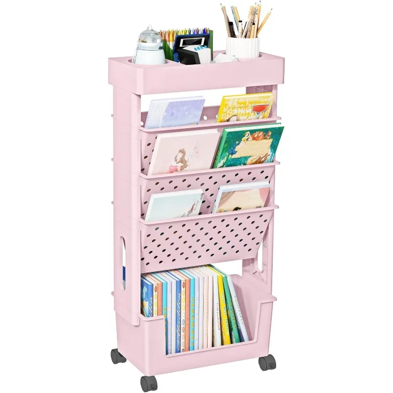 

5 Tier Rolling Utility Cart Multi-Functional Movable Storage Book Shelves with Lockable Casters
