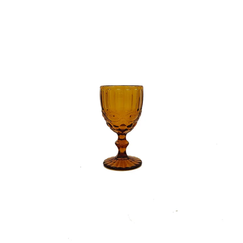 1 Piece 240ml 8oz Vintage Embossed Solid Color Goblet Amber Green Blue Purple Wine Glasses Goblet Stemware Glass Cup Table Decor