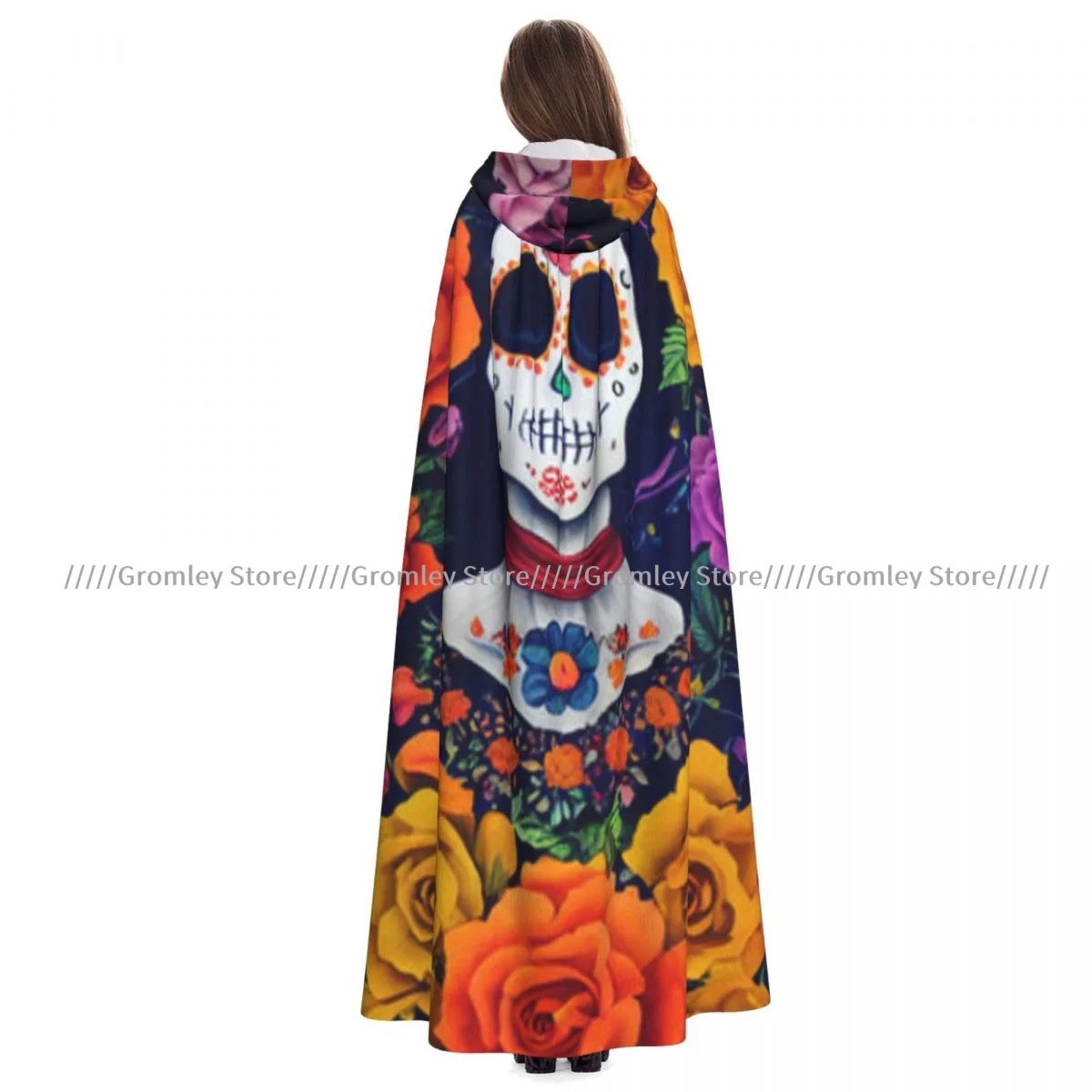 

Day Of The Dead Illustration Witch Cloak Hooded Cosplay Costume Halloween Adult Long Party Cape