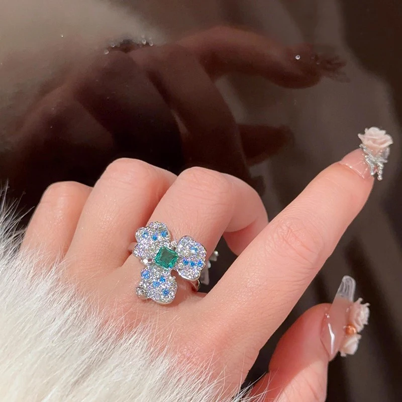 Oil painting style blue-green flowers rings for women  earrings luxury silver 925 full diamonds square emerald jewelry sets