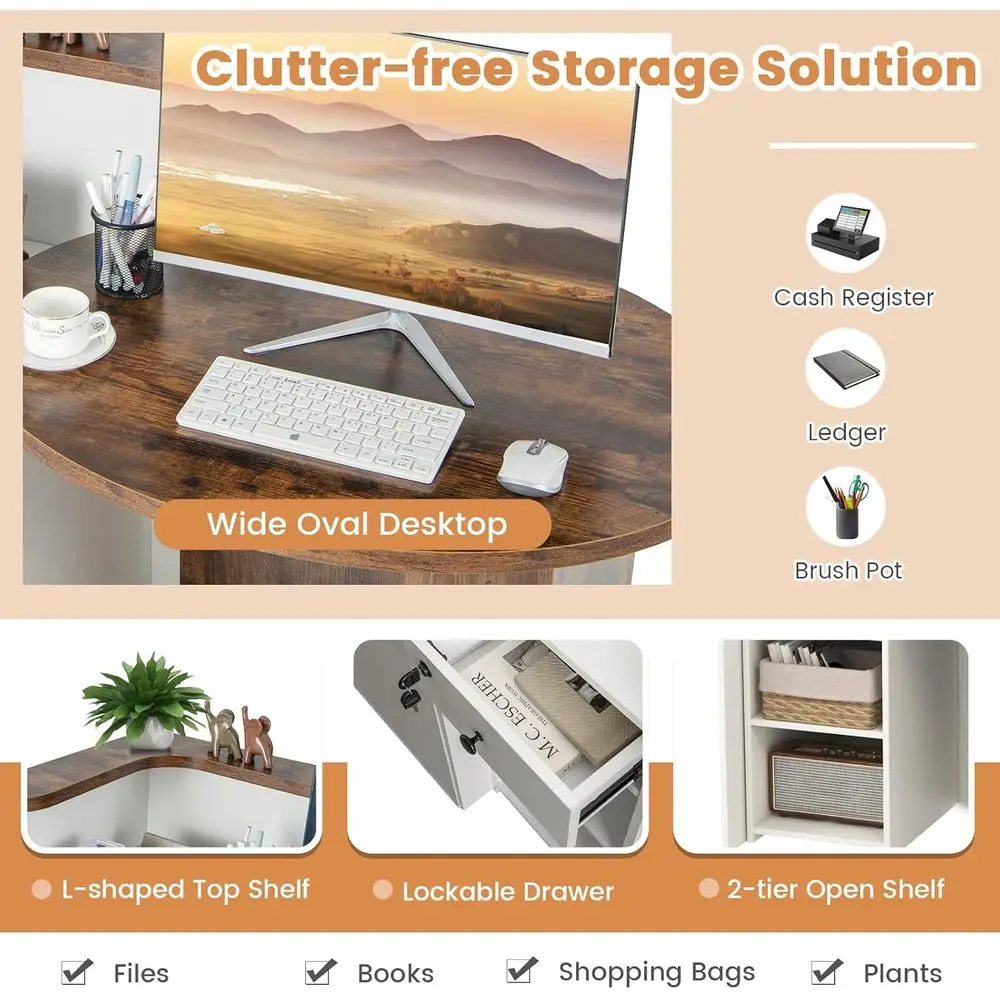 Front Counter Desk with Lockable Drawer & Adjustable Shelf, Oval Desktop, Retail Counter for Checkout, Computer Workstation for