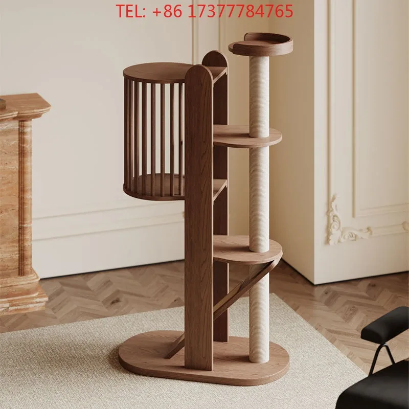 Walnut Solid Wood Cat Climbing Frame Integrated Cat Nest Scratching Board Cage Space Saving Indoor Cat Activity Tree