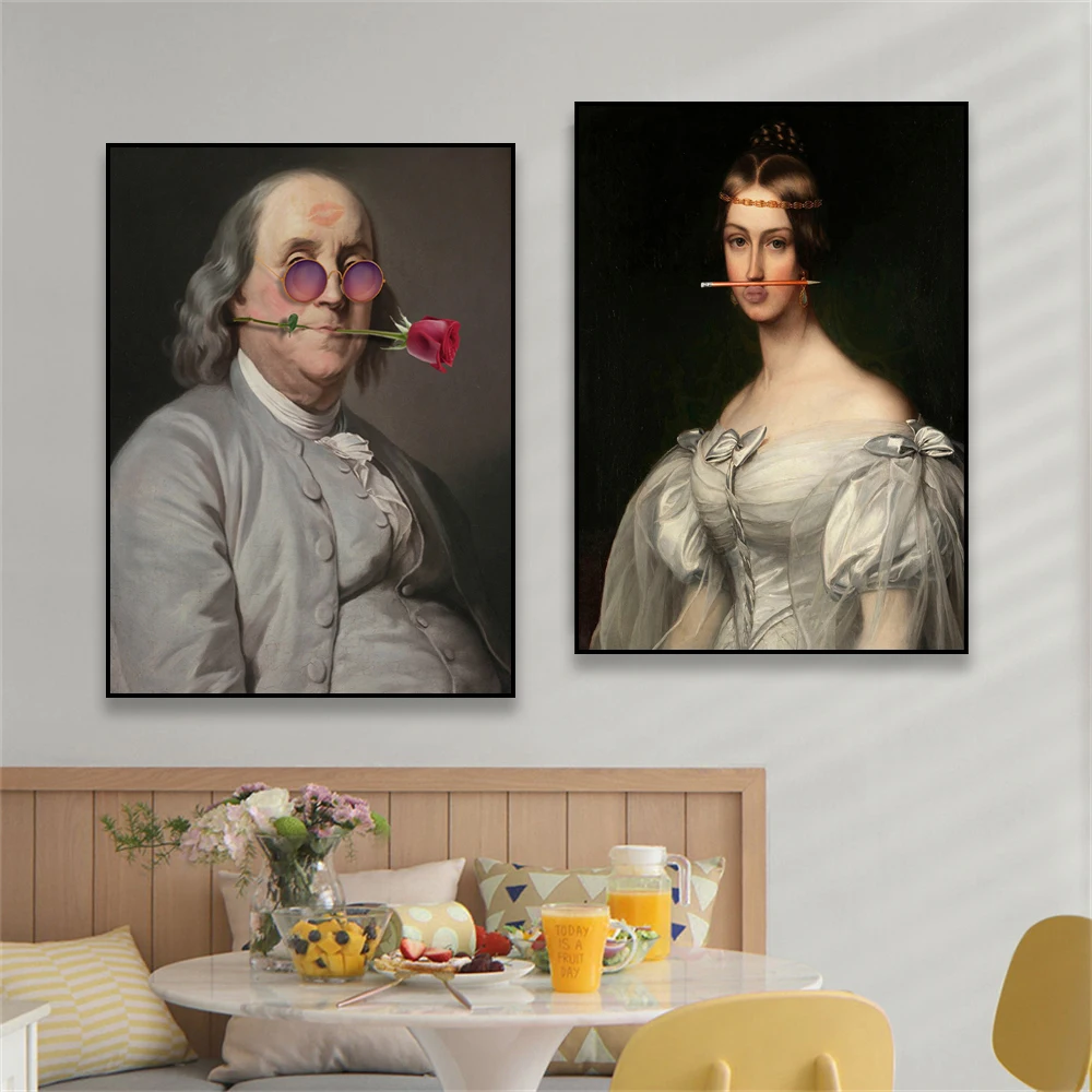 Vintage Benjamin Franklin Altered Portrait Poster Funny Wall Art Prints Rococo Classical Oil Painting Home Decor Canvas Painting