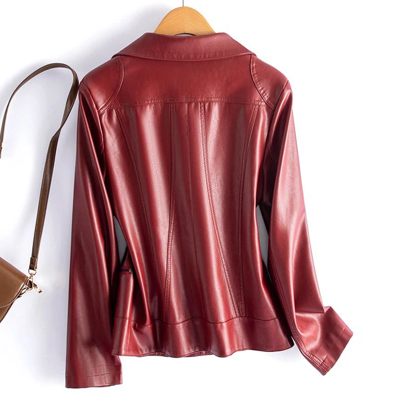 Fashion Women Sheepskin Leather Jacket Coats 2024 New Chic Wine Red Ladies Long Sleeve Lapel Collar Zipper Split Leather Jackets