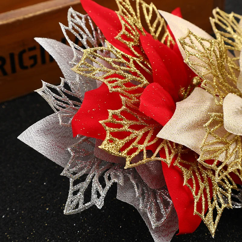 5-20 قطعة عيد الميلاد الزهور الاصطناعية بريق شجرة عيد الميلاد زخرفة الذهب الأحمر البونسيتة زهرة رئيس المنزل السنة الجديدة الطرف الديكور #6