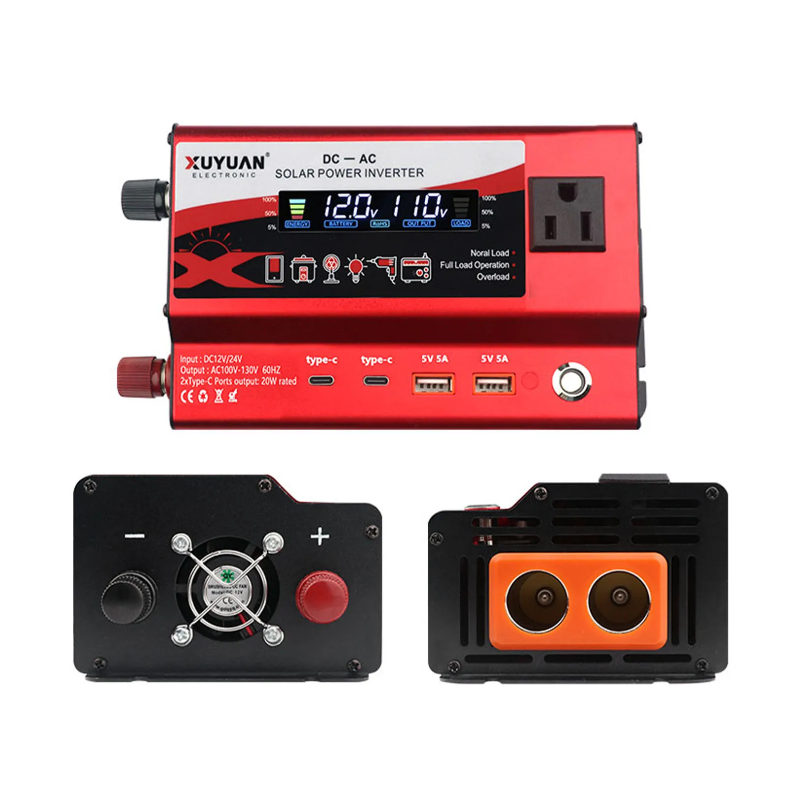 

Автомобильный инвертор мощности 600 Вт, окружающий свет, 2 порта USB 2 типа C, быстрая зарядка, инвертор постоянного тока 12 В, 24 В для транспортных средств, грузовиков