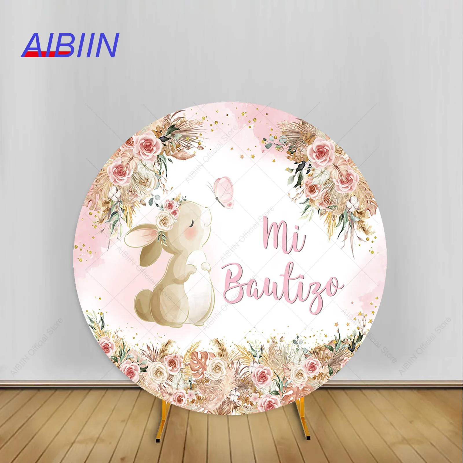 

Mi Bautizo Round Backdrop Cover Flower Rabbit Butterfly Baptism Party Decor Girl or Boy Gold Bless First Communion Background