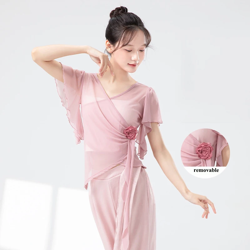 Top da Danza Classica per Donna, Abbigliamento da Allenamento, Maglietta in Tulle con Maniche Corte a Volant, Decorazione Floreale, Costume da Palcoscenico Fluido, Camicetta Estiva