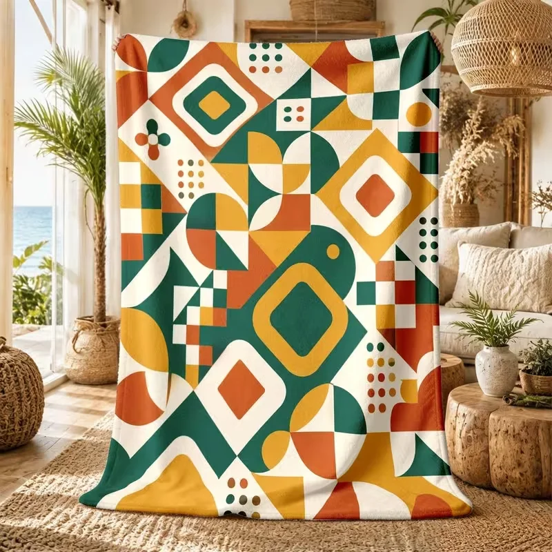 Mid Century Modern Geometric Shape Print Throw Blanket Retro Square Circle Color Block Pattern Soft Warm Boho Blanket All Season