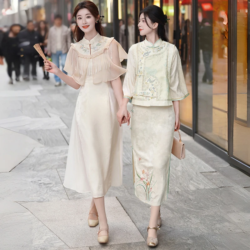 

Elegant Chinese Style Embroidered Stand Collar Shawl Floral Embroidery Strapless Dress Set Polyester Spring Season Fashion