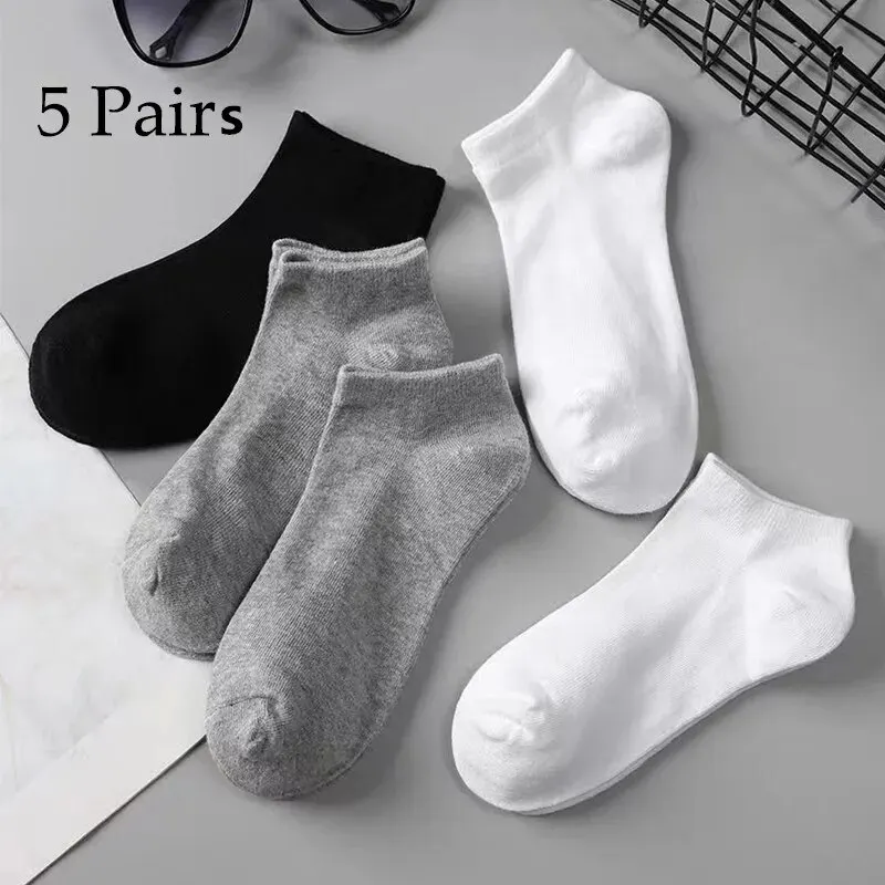 5pairs Mens Socks Boat Black Business Solid Color Breathable Comfortable High Quality Ankle