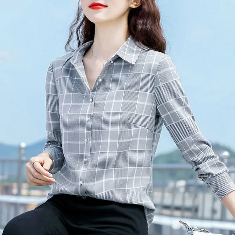 Women\'s New Style Fashion Simplicity Plaid Polo Collar Long Sleeve Shirts Women Clothes Casual All-match Elegant Temperament Top