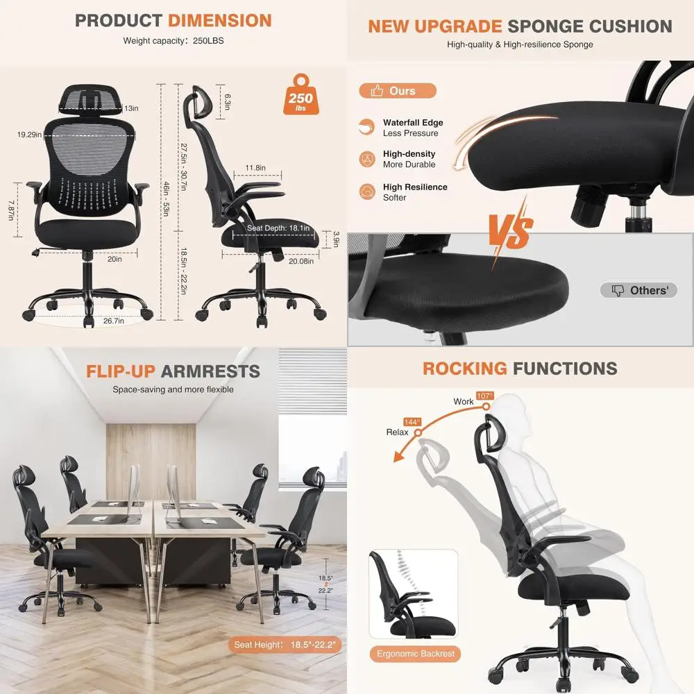 

Ergonomic High-Back Mesh Office Chair with Adjustable Headrest, Lumbar Support, and Flip-up Arms, Ideal for Home, Bedroom, Study